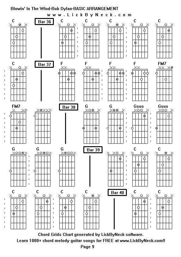 Chord Grids Chart of chord melody fingerstyle guitar song-Blowin' In The Wind-Bob Dylan-BASIC ARRANGEMENT,generated by LickByNeck software.